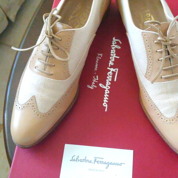 FINAL DEAL WOW! SALVATORE FERRAGAMO 9 4A CAMEL TAN CREAM WINGTIP OXFORD SHOES - Picture 9 of 12